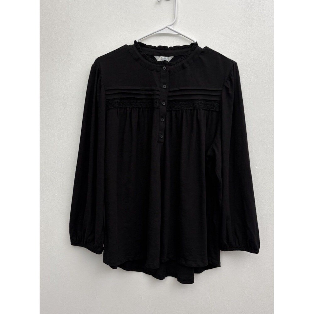 Croft & Barrow Women Top Blouse Black XL Long Sleeve Round Neck W/ Button Cotton